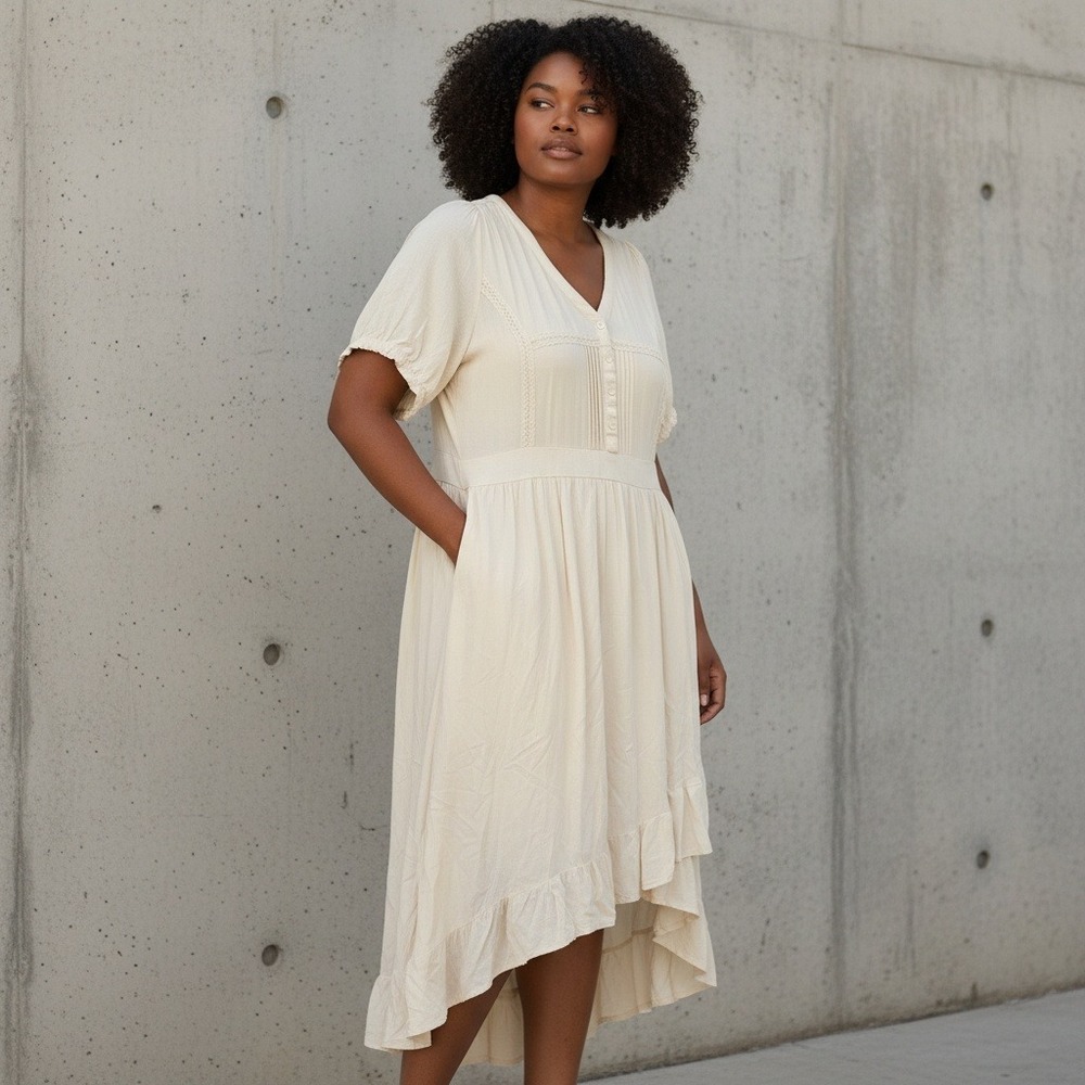 Baltic Born Cream Lace Trim Ruffle High Low Midi Dress‎ Plus Womens Size 3XL
